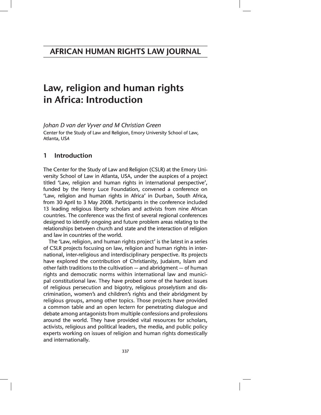 Law, religion and human rights in Africa: Introduction