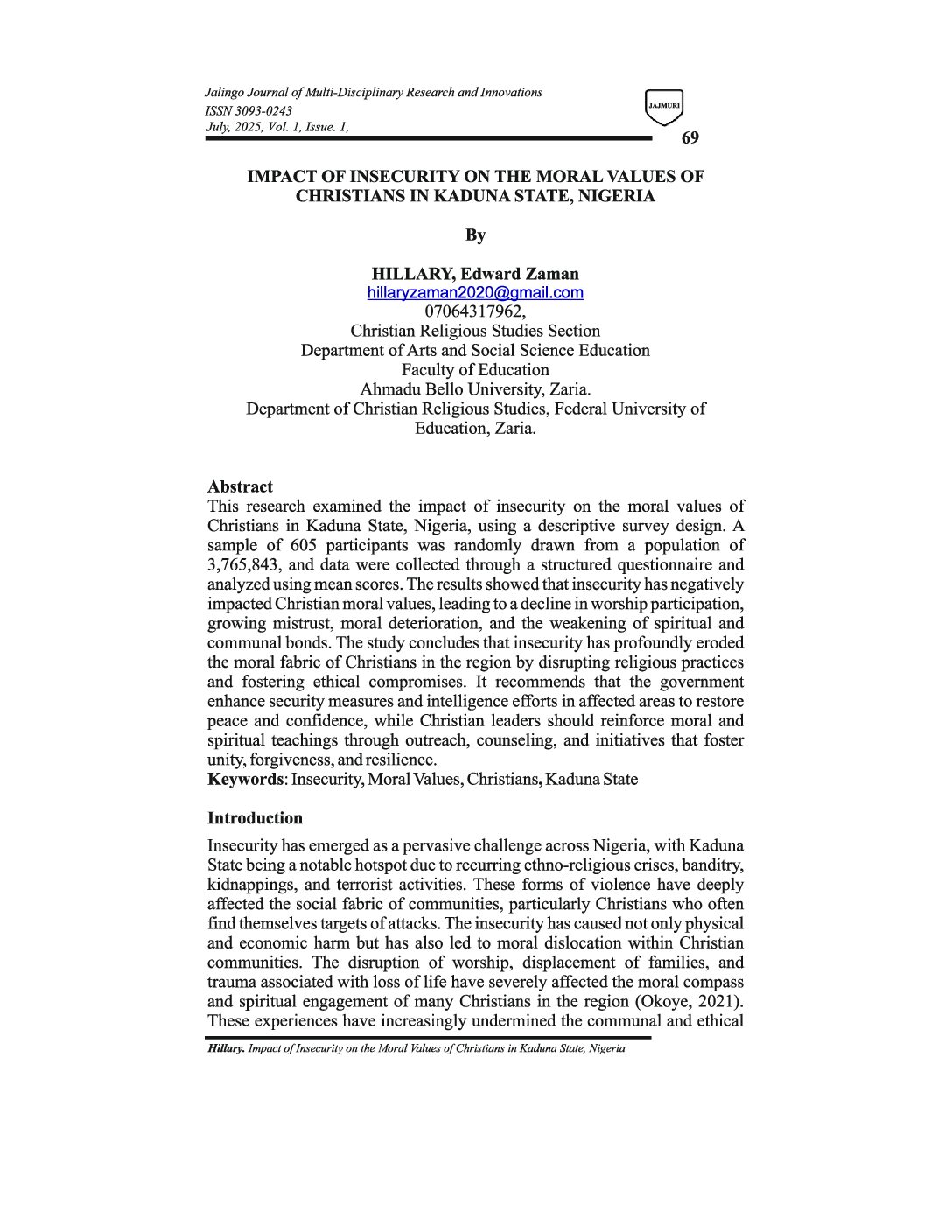 IMPACT OF INSECURITY ON THE MORAL VALUES OF CHRISTIANS IN KADUNA STATE, NIGERIA