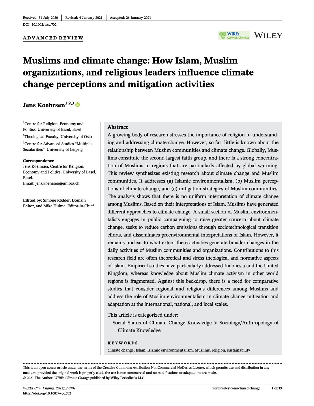 Muslims and climate change: How Islam, Muslim organizations, and religious leaders influence climate change perceptions and mitigation activities