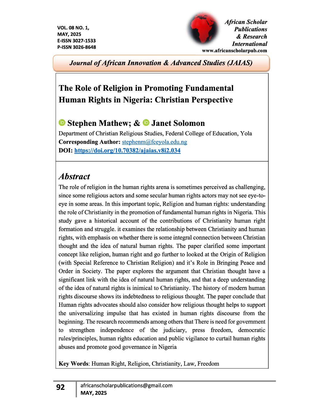 The Role of Religion in Promoting Fundamental Human Rights in Nigeria: Christian Perspective